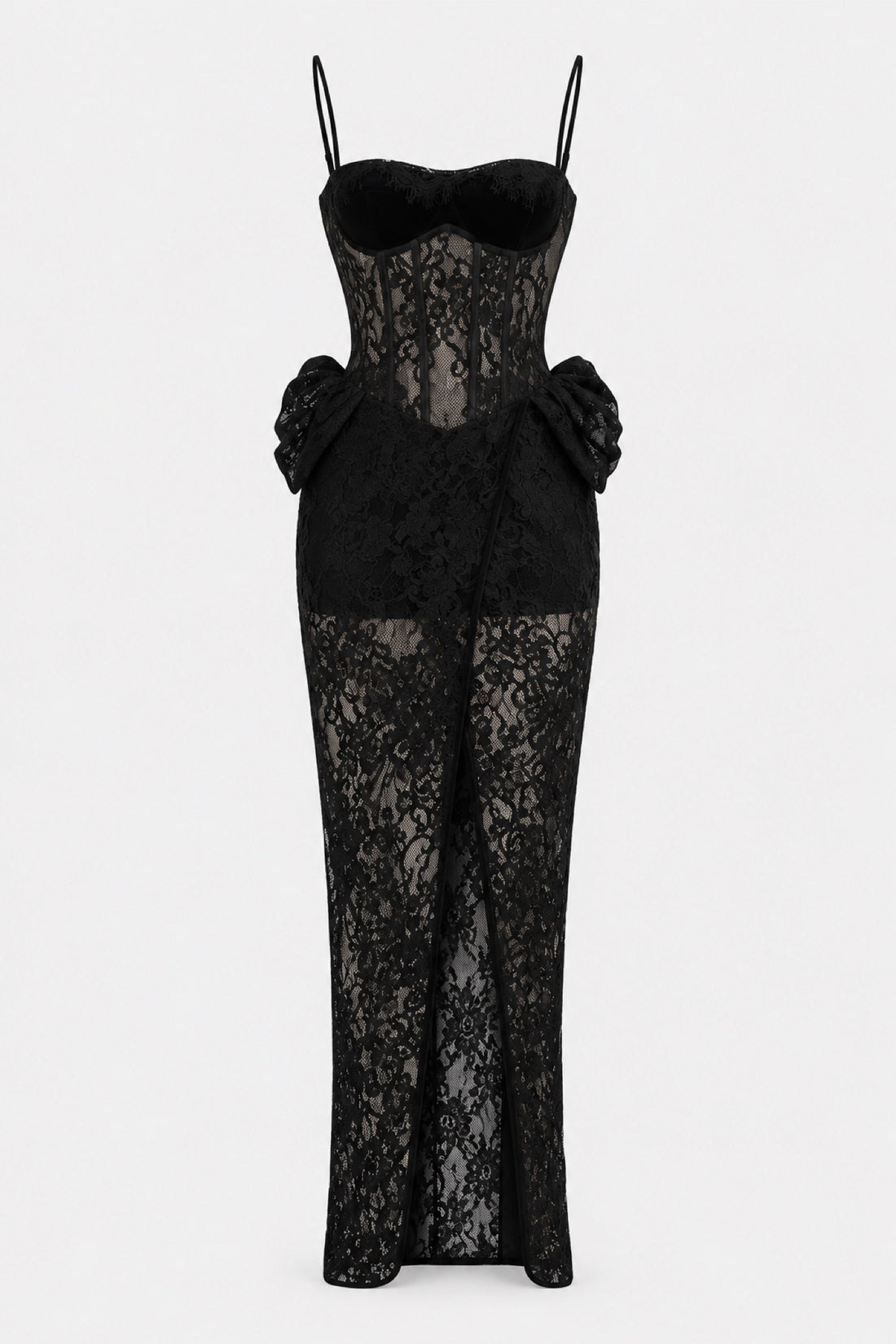 Mélodie — Robe longue dentelle, bonnets velours et nœuds