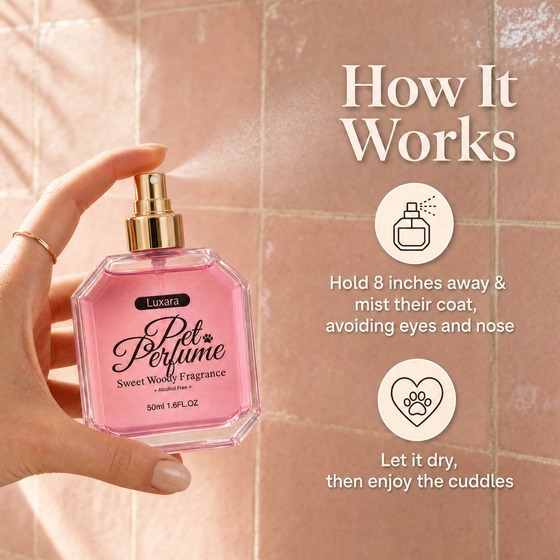 How it works: hold 8 inches away and mist their coat, avoiding eyes and nose. Let it dry.