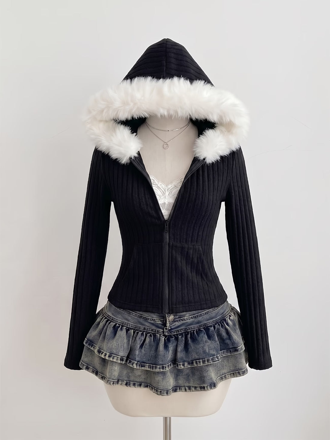 Ysaline — Gilet zippé côtelé capuche fausse fourrure