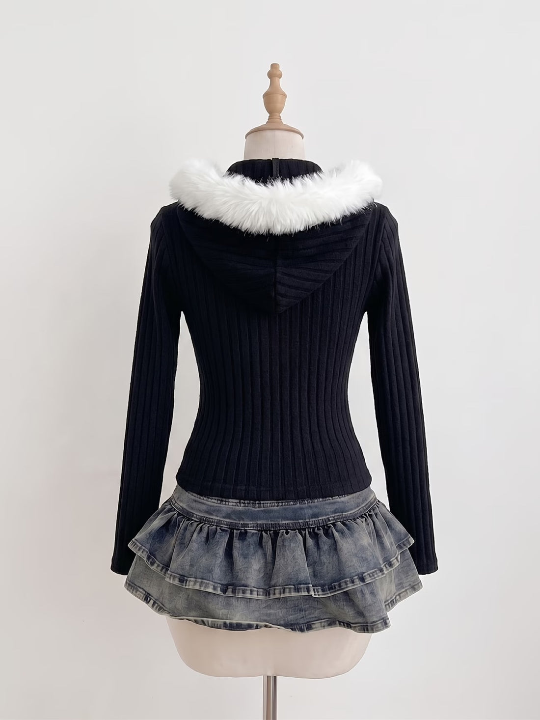 Ysaline — Gilet zippé côtelé capuche fausse fourrure