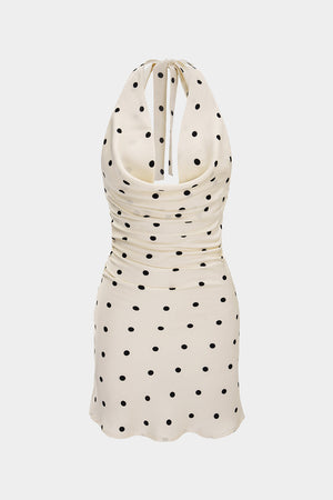 Robe Courte Satin à Pois Col Bénitier Dos Nu