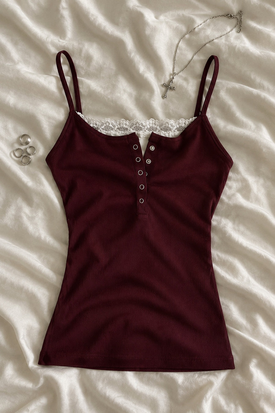 Aliénor — Lace-Trimmed Ribbed Button Cami