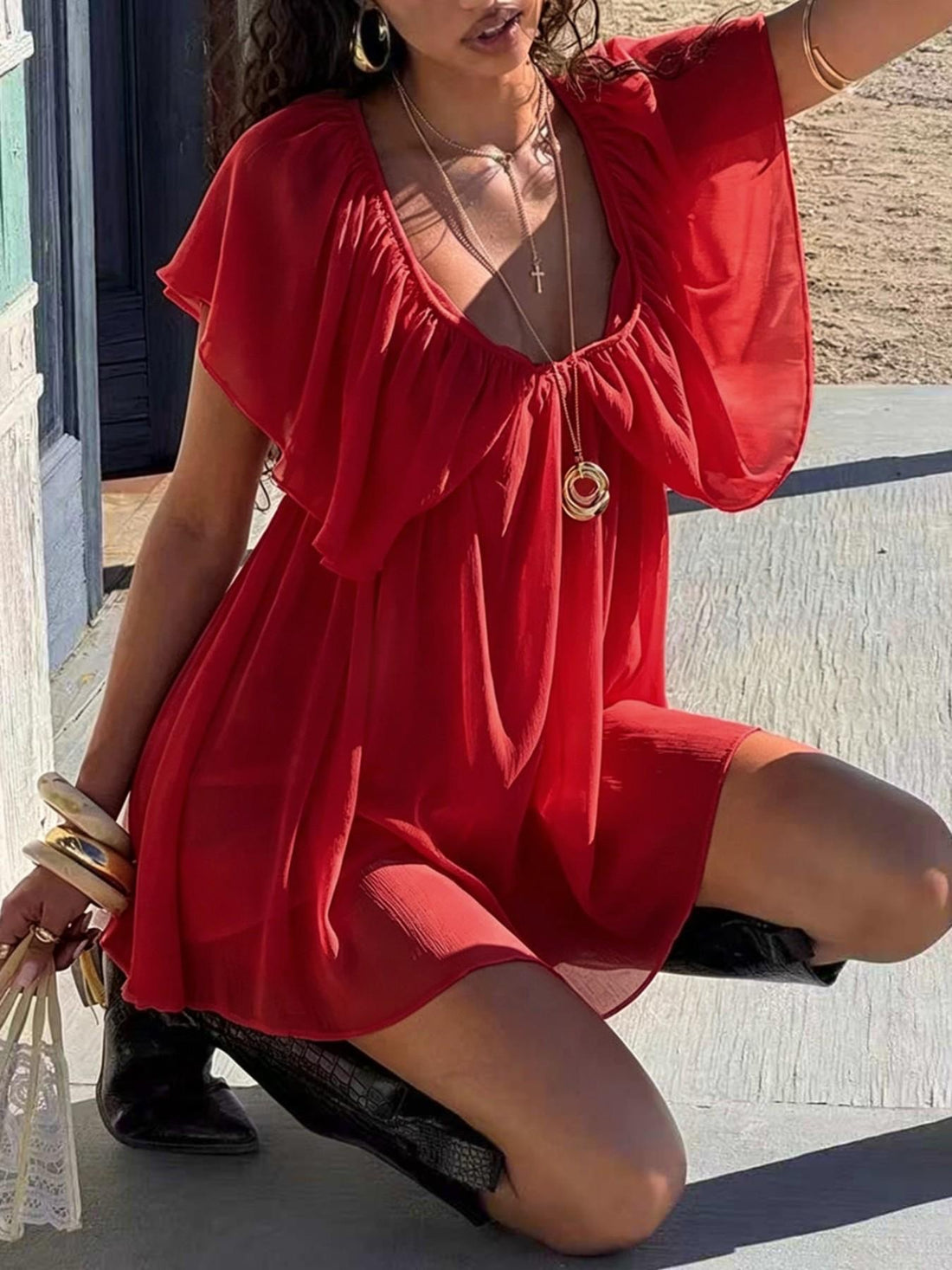 Colombe mini-robe mousseline dos nu à volants