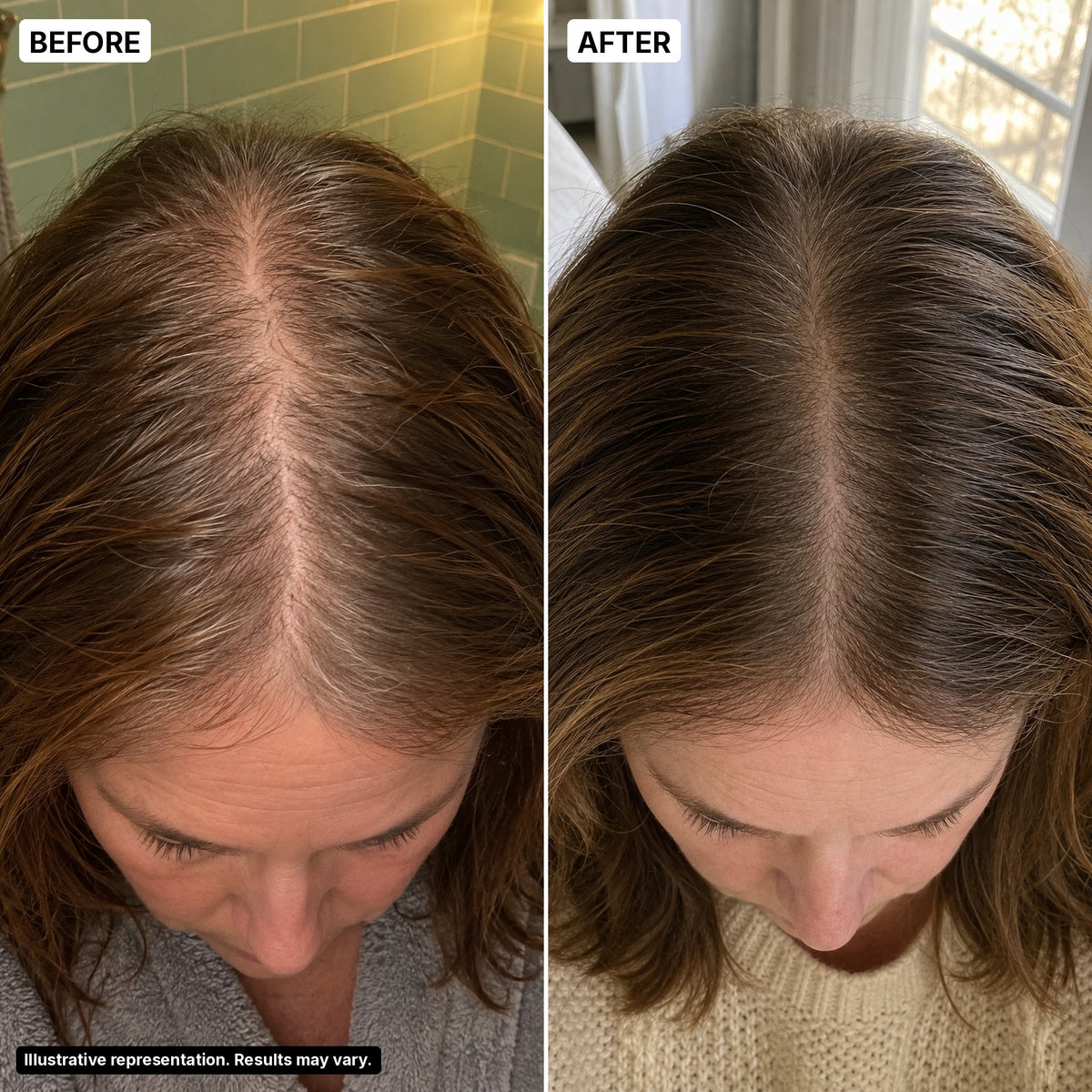 Before and after – center part, woman 54, illustrative representation