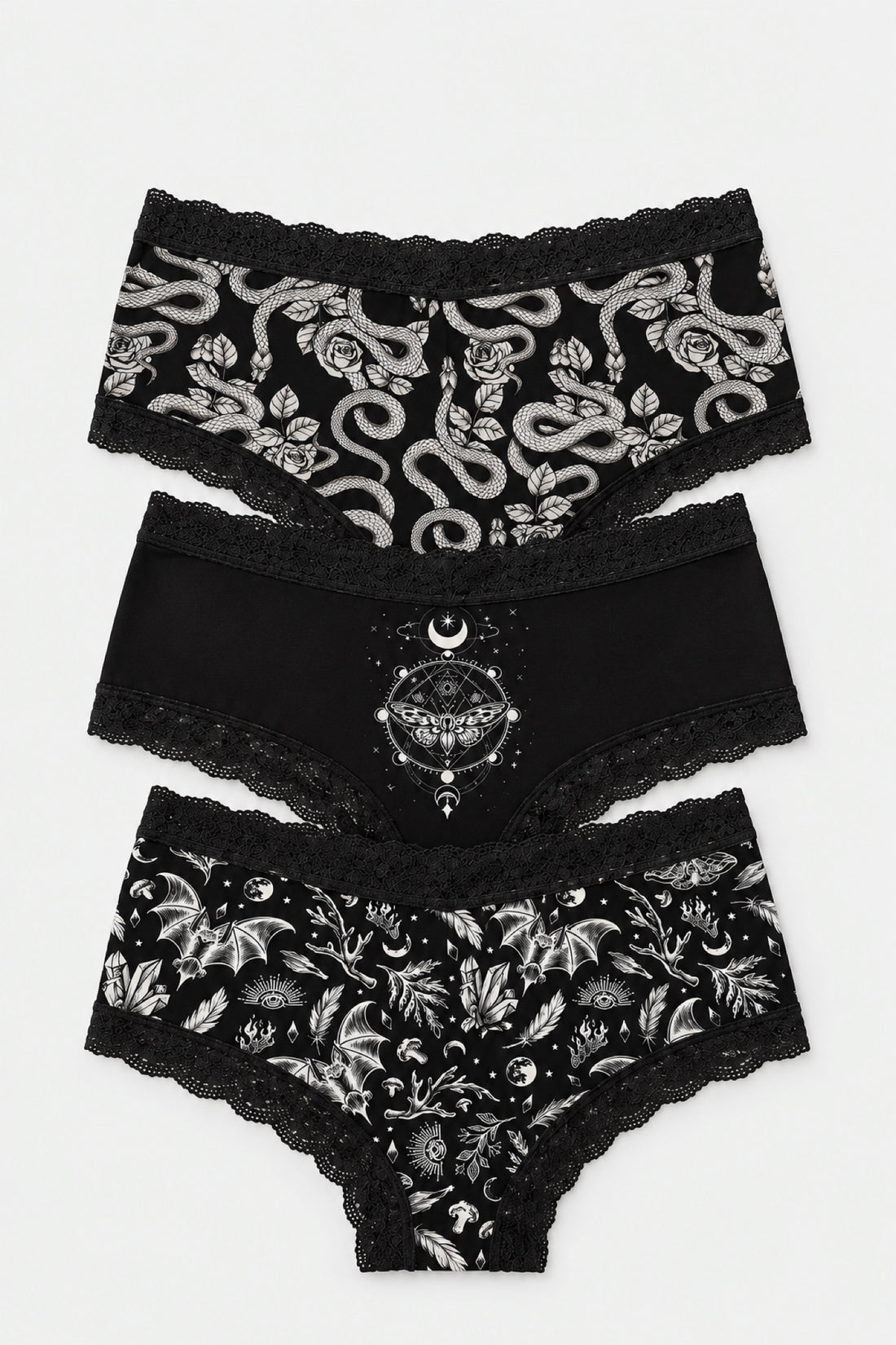 Nocturne — Pack de 3 culottes gothiques en dentelle