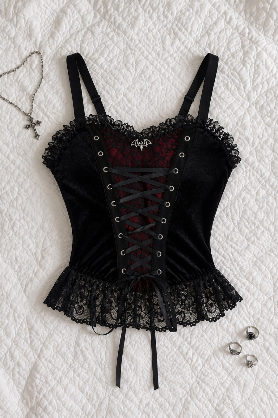 Nyctalis — Lace-Up Velvet Corset Top with Bat Charm