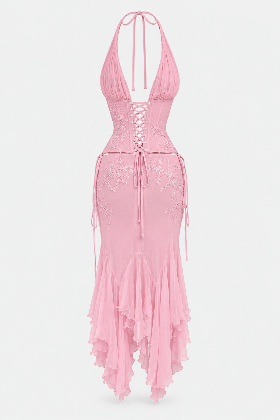 Rosalie — Robe dos nu mousseline et dentelle rose