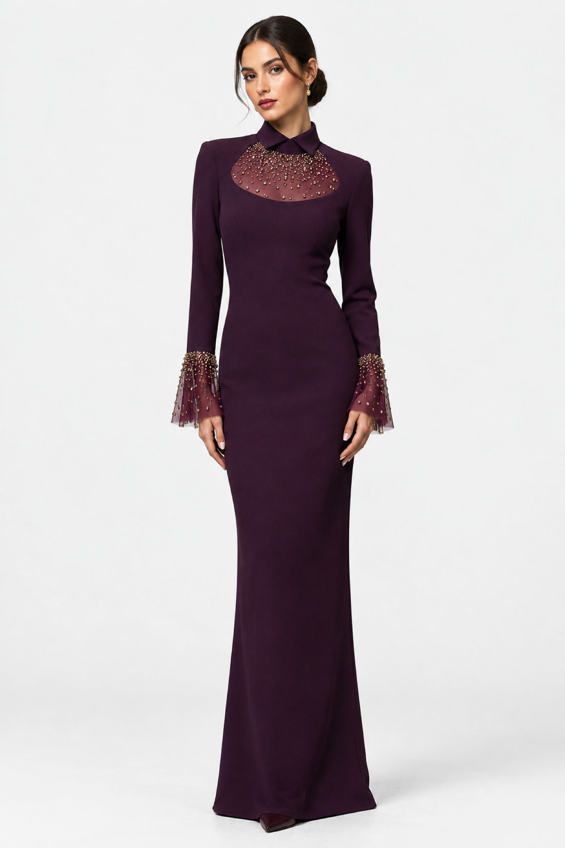 Violette — Robe longue prune plastron bijou