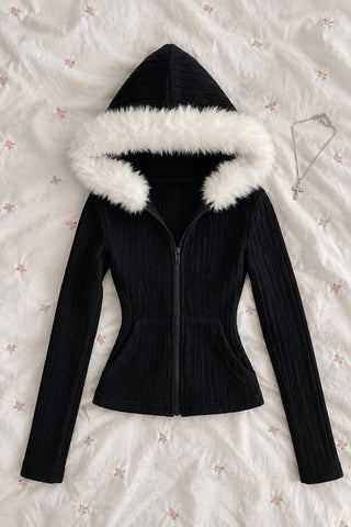 Ysaline — Gilet zippé côtelé capuche fausse fourrure
