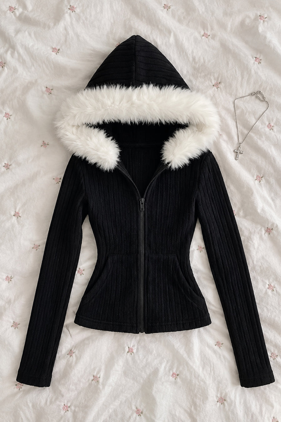 Ysaline — Ribbed Zip Cardigan with Faux Fur Hood